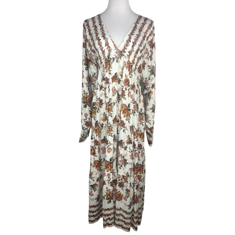 Blakeley Floral Maxi Dress Womens 1X Cream Brown V-Neck Tiered LS Fall Boho